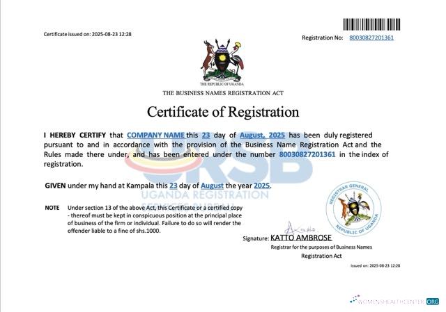 Uganda business name registration certificate Word and PDF template 
